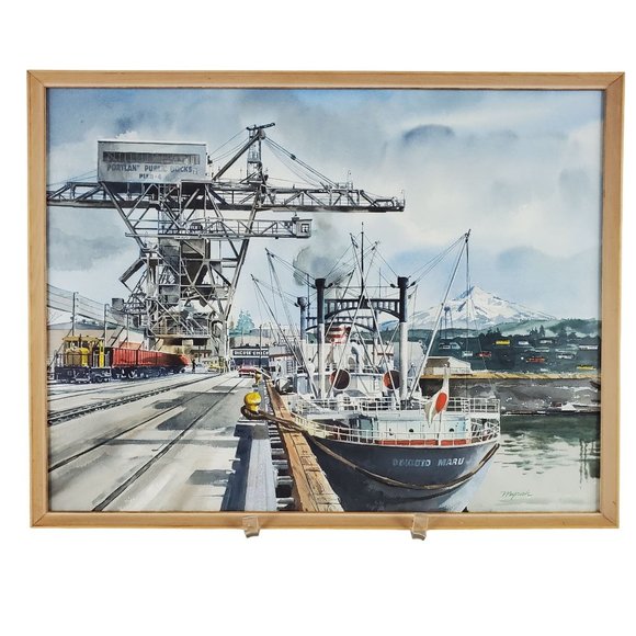 Newman Myrah Other - FRAMED NEWMAN MYRAH WATERCOLOR, Portland, Oregon Dock, Harbor